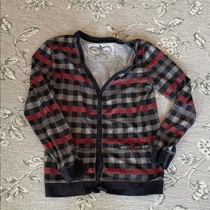 Chic Checkered Cardigan with Red Accents cotton